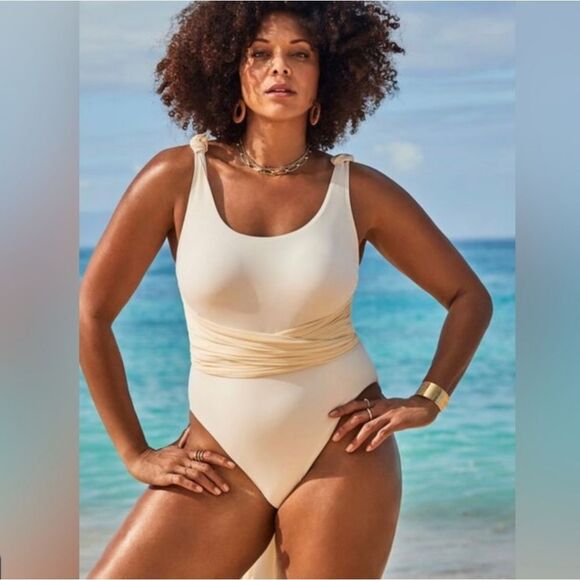 GabiFresh x Swimsuits For All Wrap Sash One Piece Swimsuit Cream Size 10 - Picture 1 of 11
